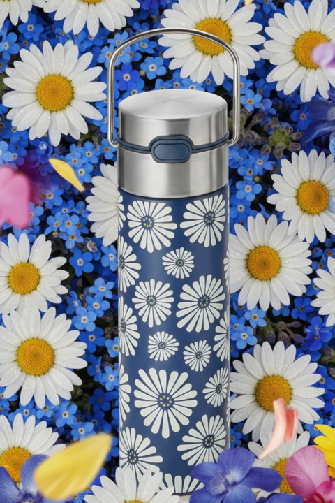 Bouteille Thermos Inox Infuseur à Thé Motif floral bleu