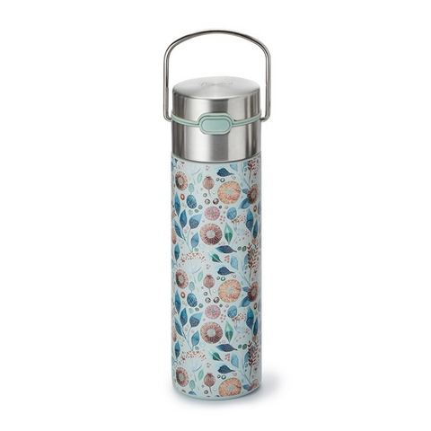 Thermos en inox avec infuseur à thé, décoré d’un motif floral pastel et équipé d’une anse métallique