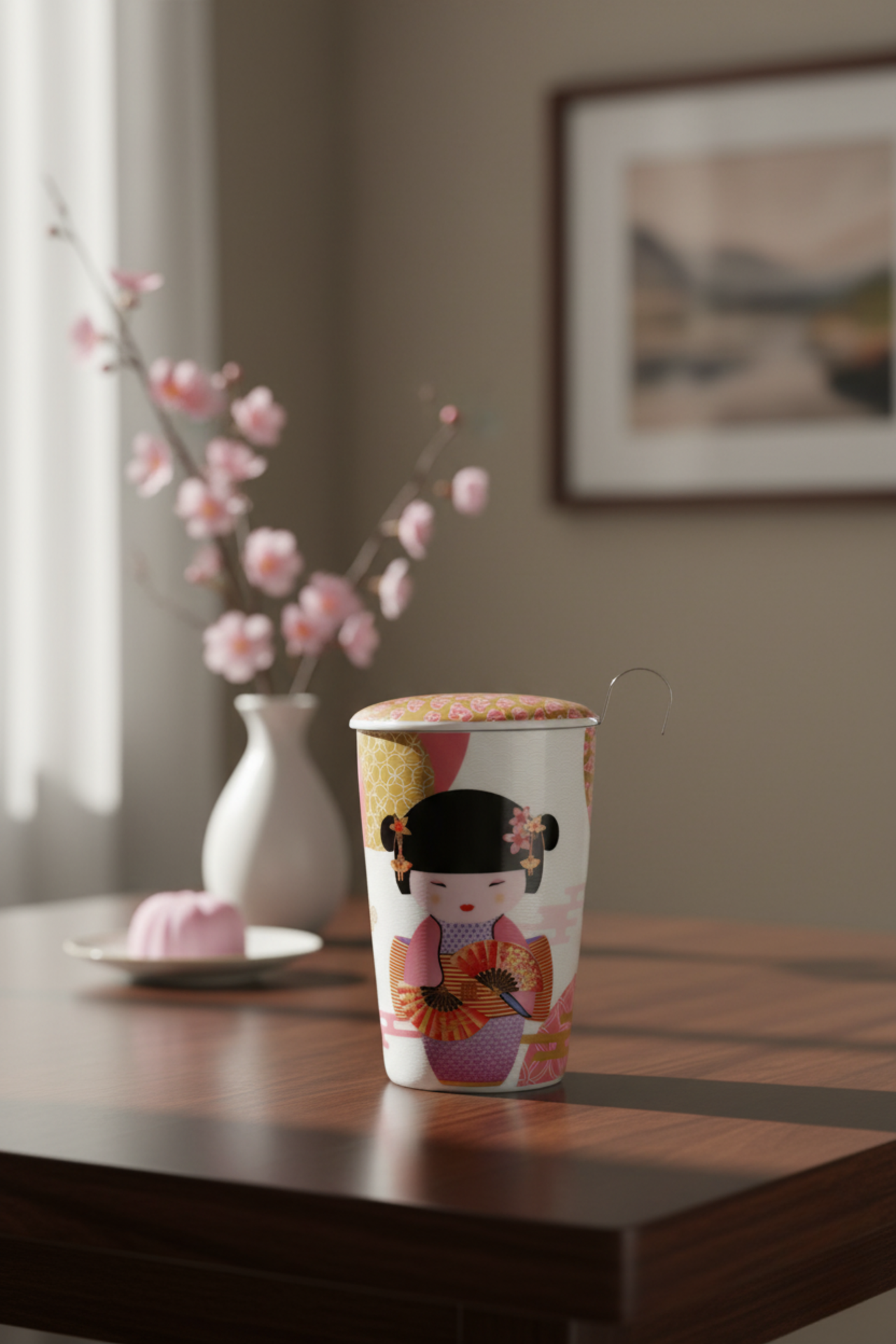 Eigenart Teaeve Tazza Da Tè A Doppia Parete In Porcellana – 350 Ml, Con Coperchio E Filtro In Acciaio Inox, Senza BPA, Design Sweet Little Geisha