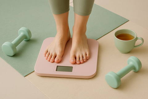 Pieds nus sur une balance rose, entourés d'haltères verts pastel et d'une tasse de thé, posés sur un tapis de yoga beige et vert. Scène bien-être inspirée de l’univers doux et naturel de Papothé.