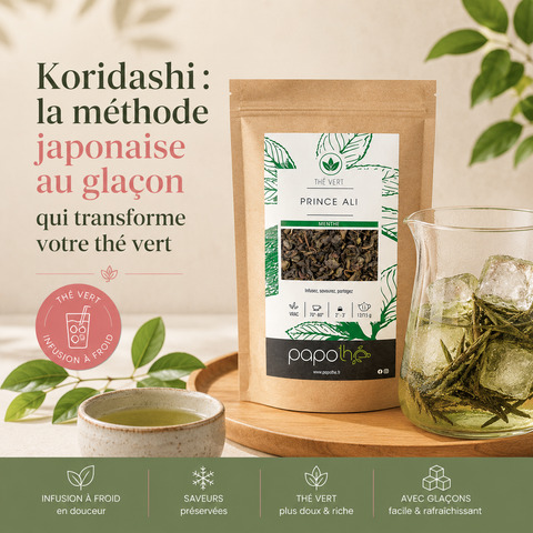 Méthode Koridashi avec le thé vert menthe Prince Ali Papothé infusé lentement sur glace pour révéler des notes fraîches et douces de menthe.