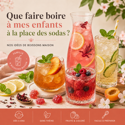 Visuel Papothé présentant des boissons maison pour enfants à la place des sodas, avec infusions froides, rooibos glacé, fruits frais et bonbons à infuser sans théine.