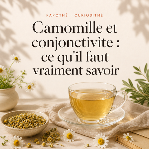 Tisane à la camomille Papothé présentée dans une ambiance douce, pour illustrer la prudence autour des remèdes maison en cas de conjonctivite.