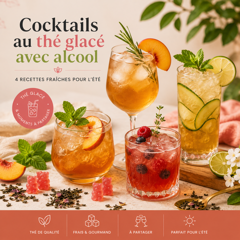 Verres à cocktails préparés avec du thé glacé Papothé, agrumes frais et glaçons pour réaliser des cocktails et mocktails estivaux