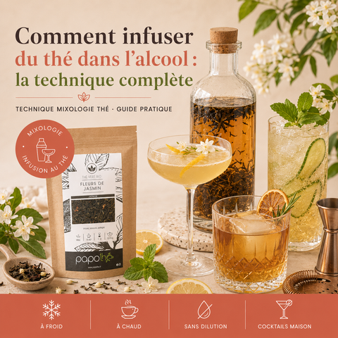 Visuel Papothé illustrant l’infusion du thé dans l’alcool avec un sachet de thé vert jasmin, une bouteille d’alcool infusé et des cocktails maison.