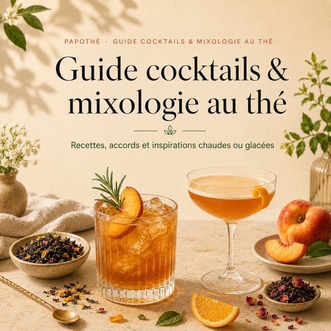 Guide Papothé sur les cocktails et la mixologie au thé, avec un verre à whisky glacé, un verre à cocktail, du thé en vrac, des fruits et des notes botaniques.