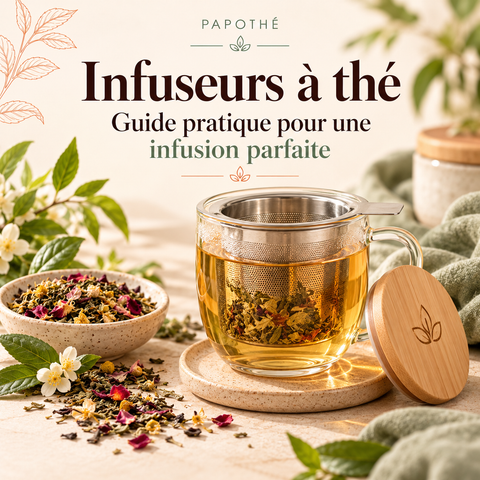 Tasse à thé en verre avec infuseur inox, thé en vrac et plantes aromatiques – Guide des infuseurs à thé Papothé