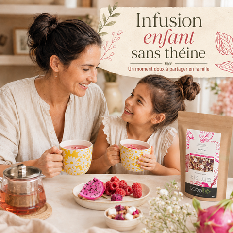 Infusion fruitée sans théine Papothé Pitaya, idéale pour remplacer le thé classique lors d’un moment doux parent enfant