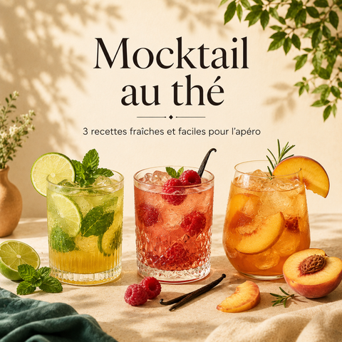 Trois mocktails au thé servis avec glaçons, menthe, citron vert, framboises et pêche pour illustrer des recettes fraîches et faciles d’apéro sans alcool Papothé.