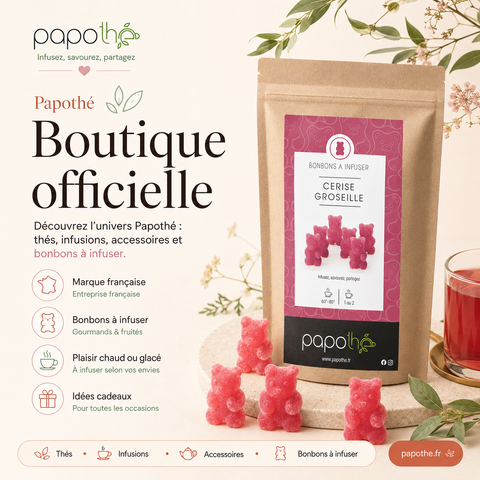 Papothé boutique officielle avec bonbons à infuser Cerise Groseille, thés, infusions et accessoires dans un univers gourmand et naturel.
