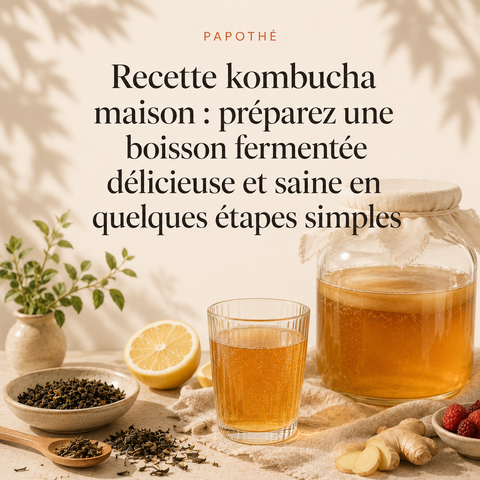 Recette de kombucha maison Papothé avec thé en vrac, bocal de fermentation, verre pétillant, citron, gingembre et fruits frais.