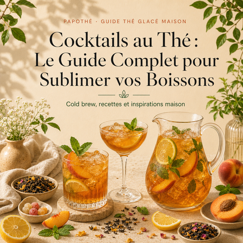 Thé glacé maison Papothé préparé en carafe façon cold brew, avec cocktails au thé, citron, pêche, menthe fraîche, glaçons et thé en vrac.