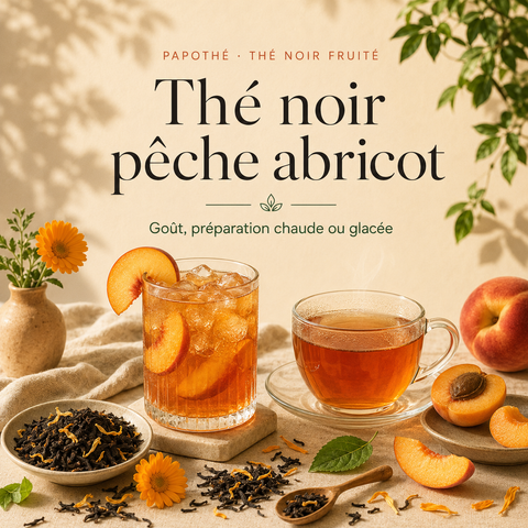 Thé noir pêche abricot Douceurs du Verger Papothé servi chaud et glacé avec morceaux de pêche, abricot, thé noir Assam et fleurs de souci.