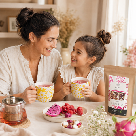 Infusion fruitée sans théine Papothé Pitaya, idéale pour remplacer le thé classique lors d’un moment doux parent enfant