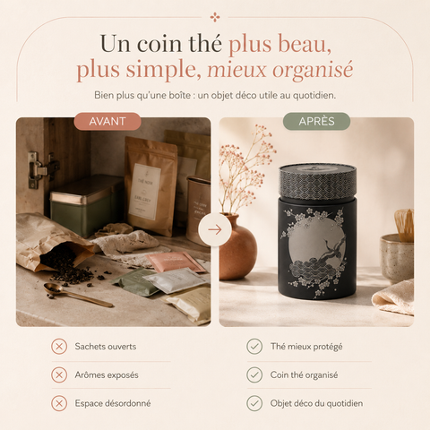 Avant après Boîtes à thé Komorebi 150 g, idéale pour avoir une cuisine rangée. Plus de sachets ouverts, arômes exposés, espaces désordonnés après c'est thé mieux protégé, coin thé organisé, objet déco du quotidien