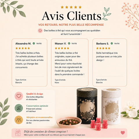 Avis client Boîtes à thé Komorebi 150 g. Qualité et design : des boites élégantes et résistantes, Conservation optimale : préservent arômes et fraîcheur, Adoptées et recommandées : Par nos clientes passionnées de thé.