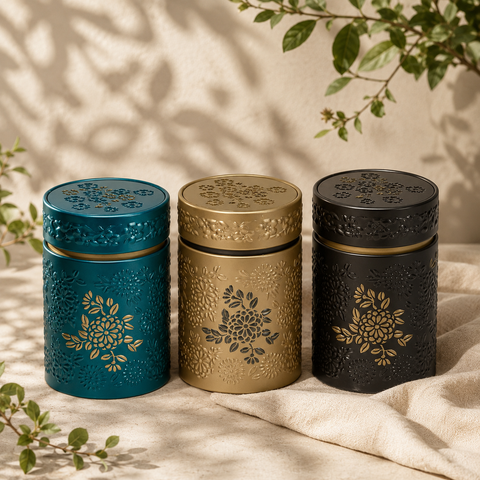 Boîtes à thé Yumiko 150 g en métal, coloris bleu, doré et noir, avec décor floral élégant pour conserver le thé en vrac