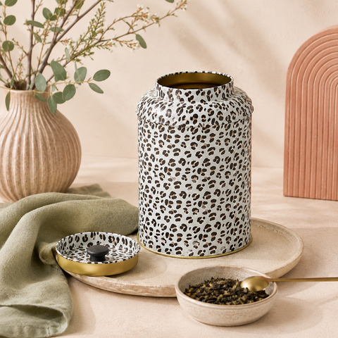 Boîte à Thé Leo Print 150g – Motif Léopard & Double Couvercle