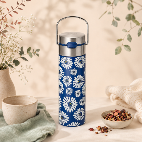 Bouteille Thermos Inox Infuseur Amami à Thé Motif floral bleu
