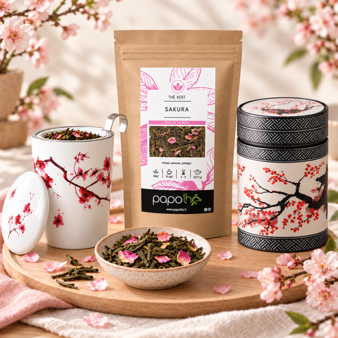 Rituel Hanami – Tisanière TeaEve Cherry Blossom, Thé vert Sakura 100 g et Boîte à thé Akashi