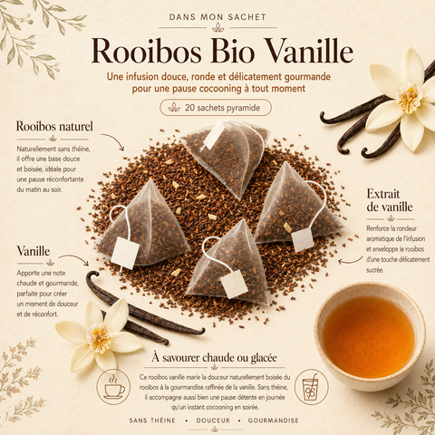Image Dans mon sachet Rooibos Bio Vanille Papothé avec rooibos naturel, extrait de vanille et vanille, une infusion sans théine en 20 sachets pyramide pour une pause douce et réconfortante