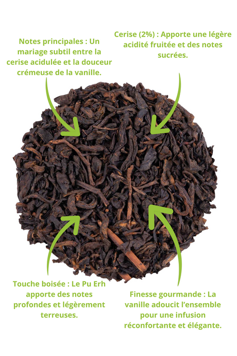 Pu Erh Vanille Cerise (Nuit Précieuse) – Un thé Pu Erh aux notes profondes et boisées, sublimé par la douceur crémeuse de la vanille et l’acidité délicate de la cerise. Une infusion gourmande et réconfortante, parfaite pour un moment de détente et de bien-être. Riche en antioxydants et en saveurs envoûtantes.