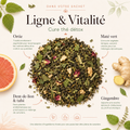 Thé Détox Ligne et Vitalité – Infusion bien-être bio avec thé vert China Chun Mee, maté vert, ortie, gingembre, dent-de-lion et tulsi. Mélange premium aux propriétés drainantes et énergisantes, idéal pour favoriser la digestion et l'équilibre naturel du corps. Photo montrant les ingrédients naturels et leurs bienfaits.