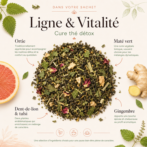 Thé Détox Ligne et Vitalité – Infusion bien-être bio avec thé vert China Chun Mee, maté vert, ortie, gingembre, dent-de-lion et tulsi. Mélange premium aux propriétés drainantes et énergisantes, idéal pour favoriser la digestion et l'équilibre naturel du corps. Photo montrant les ingrédients naturels et leurs bienfaits.