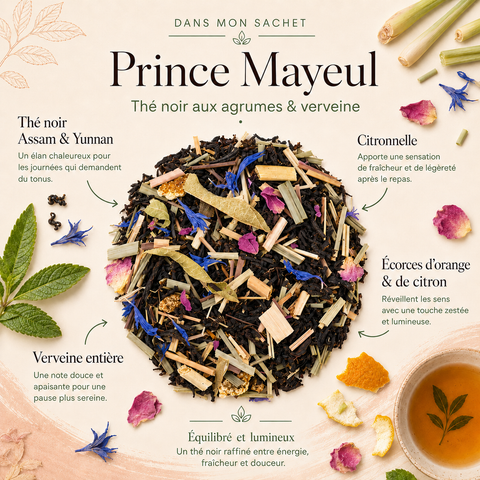 Composition du thé noir Prince Mayeul Papothé aux agrumes et à la verveine, avec thé Assam, Yunnan, citronnelle, écorces d’orange et de citron