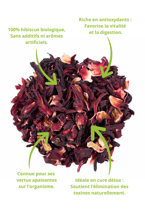 Tisane bio aux fleurs d'hibiscus en vrac, riche en antioxydants. Infusion naturelle sans additifs ni arômes artificiels, reconnue pour ses bienfaits digestifs, apaisants et détoxifiants. Idéale pour une cure bien-être et une hydratation rafraîchissante.