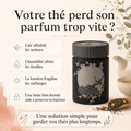 Votre thé perd son parfum trop vite ? en effet l'air affaiblit les arômes, l'humidité altère les feuilles, la lumière fragilise les mélanges. Une boite bien fermée aide à préserver la fraicheur. La Boîtes à thé Komorebi 150 g : une solution simple pour garder vos thés plus longtemps. 