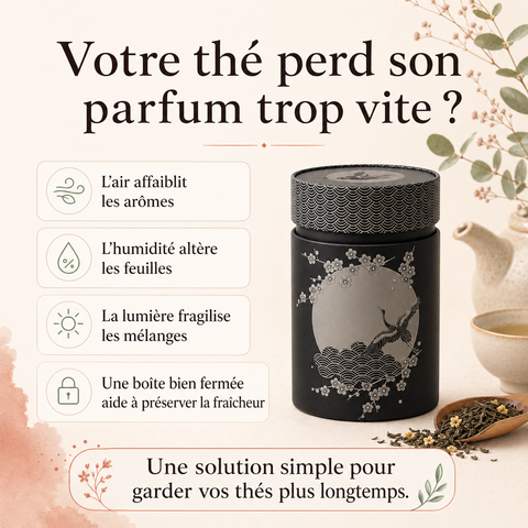 Votre thé perd son parfum trop vite ? en effet l'air affaiblit les arômes, l'humidité altère les feuilles, la lumière fragilise les mélanges. Une boite bien fermée aide à préserver la fraicheur. La Boîtes à thé Komorebi 150 g : une solution simple pour garder vos thés plus longtemps. 