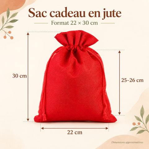 Dimensions du sac cadeau en jute rouge : 22 × 30 cm – Papothé