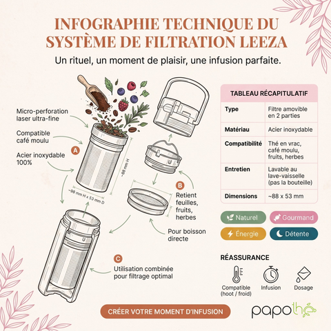 Infographie technique du système de filtration Leeza Papothé avec filtre inox amovible pour thé, café, fruits et herbes