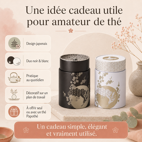 Une idée cadeau utile pour amateur de thé. Design japonais, duo noir ou blanc, pratique au quotidien, décoratif sur un plan de travail, a offrir seul ou avec un thé Papothé. Un cadeau simple, élégant et vraiment utilisé.