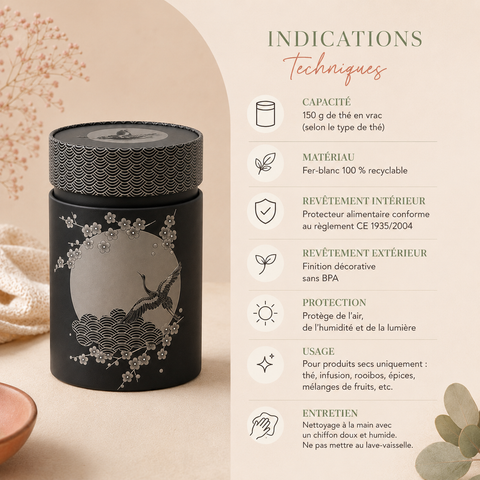 Indications technique Boîtes à thé Komorebi 150 g, capacité, matériau, revêtement intérieur et extérieur, protection, usage, entretien