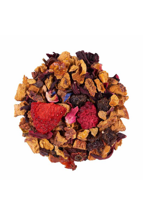 Infusion Fraise Framboise Premium - Mélange fruité et gourmand composé de morceaux de pomme, hibiscus, raisins, cynorrhodon, fraises et framboises séchées. Une infusion aux saveurs intenses, équilibrant douceur et acidité, idéale pour une dégustation chaude ou glacée. Disponible chez Papothé.