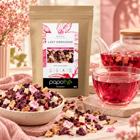 Sachet de l'infusion Lady Grenadine Papothé avec une coupelle d'infusion en vrac, une théière et une tasse d'infusion rose