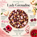 Infographie Dans mon sachet de l'infusion Lady Grenadine Papothé : pomme, ananas, pitaya violet, hibiscus, licornes en sucre et crunchy de yaourt à la fraise