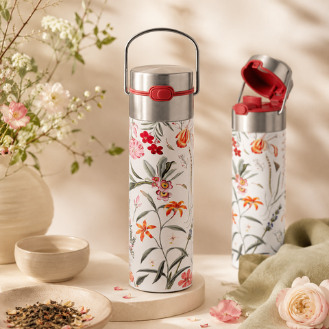 Thermos Leeza Mira Papothé avec motif floral, bouchon inox et ouverture rouge dans une ambiance douce et végétale