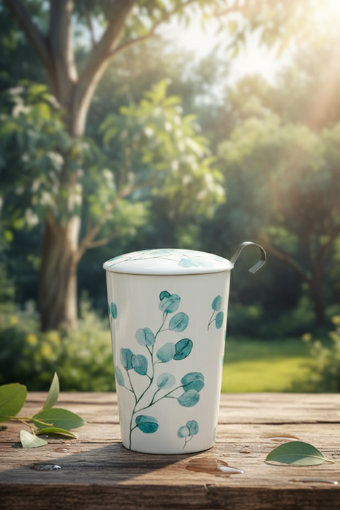 Tisanière TEAEVE Trees – Mug à Thé Double Paroi avec Filtre Inox et Couvercle en Porcelaine