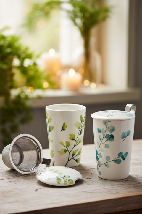 Tisanière TEAEVE Trees – Mug à Thé Double Paroi avec Filtre Inox et Couvercle en Porcelaine