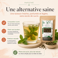 Thé vert menthe Prince Ali Papothé présenté comme une alternative saine aux boissons trop sucrées, avec tasse de thé à la menthe, feuilles fraîches et sachet en vrac.