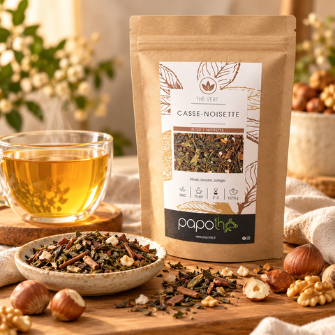 Sachet du thé vert Casse-Noisette Papothé sur une table en bois, avec une tasse de thé, une coupelle de thé en vrac, des noisettes et des noix