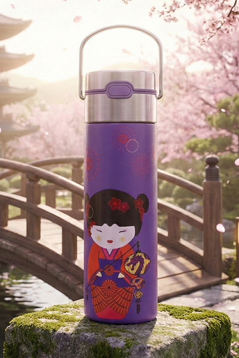 Thermos LEÉZA Sweet Little Geisha – Bouteille Isotherme 500 ml avec Filtre Inox | Design Japonais
