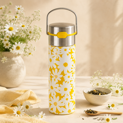 Emportez votre rituel thé partout avec le Thermos Infuseur à Thé Daisy Yellow d’Eigenart. Son corps en acier inoxydable double paroi et son filtre inox 2&nbsp;pièces offrent une infusion nette et savoureuse, chaude ou glacée, au bureau, en balade ou à la maison.