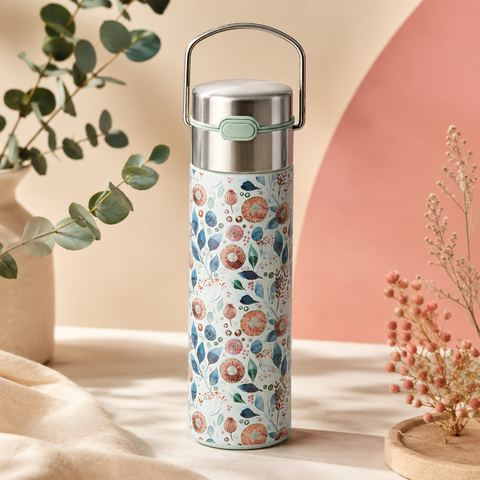 Thermosflasche aus Edelstahl mit Tee-Ei und pastellfarbenem Blumenmuster