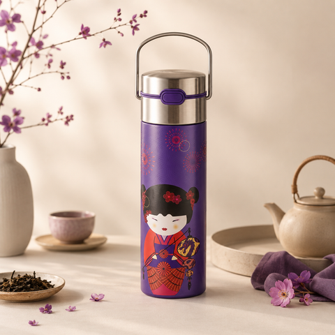 Thermos Leeza Sweet Little Geisha 500 ml – Bouteille Isotherme avec Filtre Inox