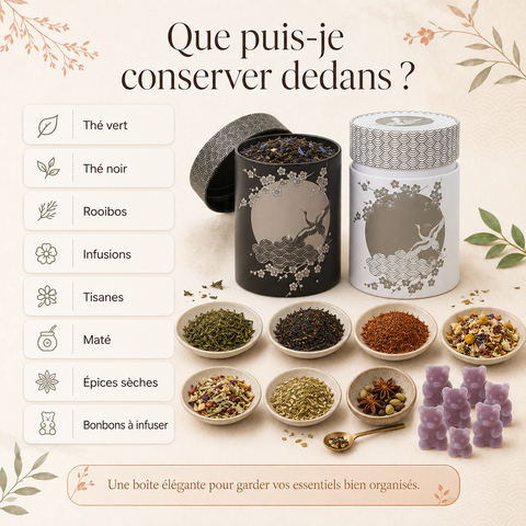 Que puis je conserver dans une boite à thé ? Thé vert ou noir, Rooibos, infusions, Tisanes, Maté, épices sèches, bonbon à infuser Papothé