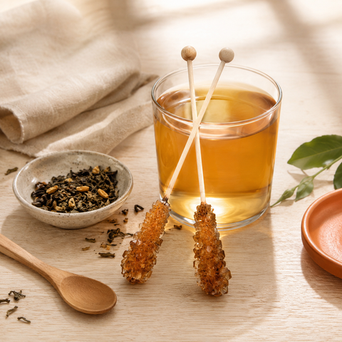 Bâtons de sucre candi brun Papothé dans une tasse de thé, avec feuilles de thé en vrac, cuillère en bois et ambiance naturelle chaleureuse.